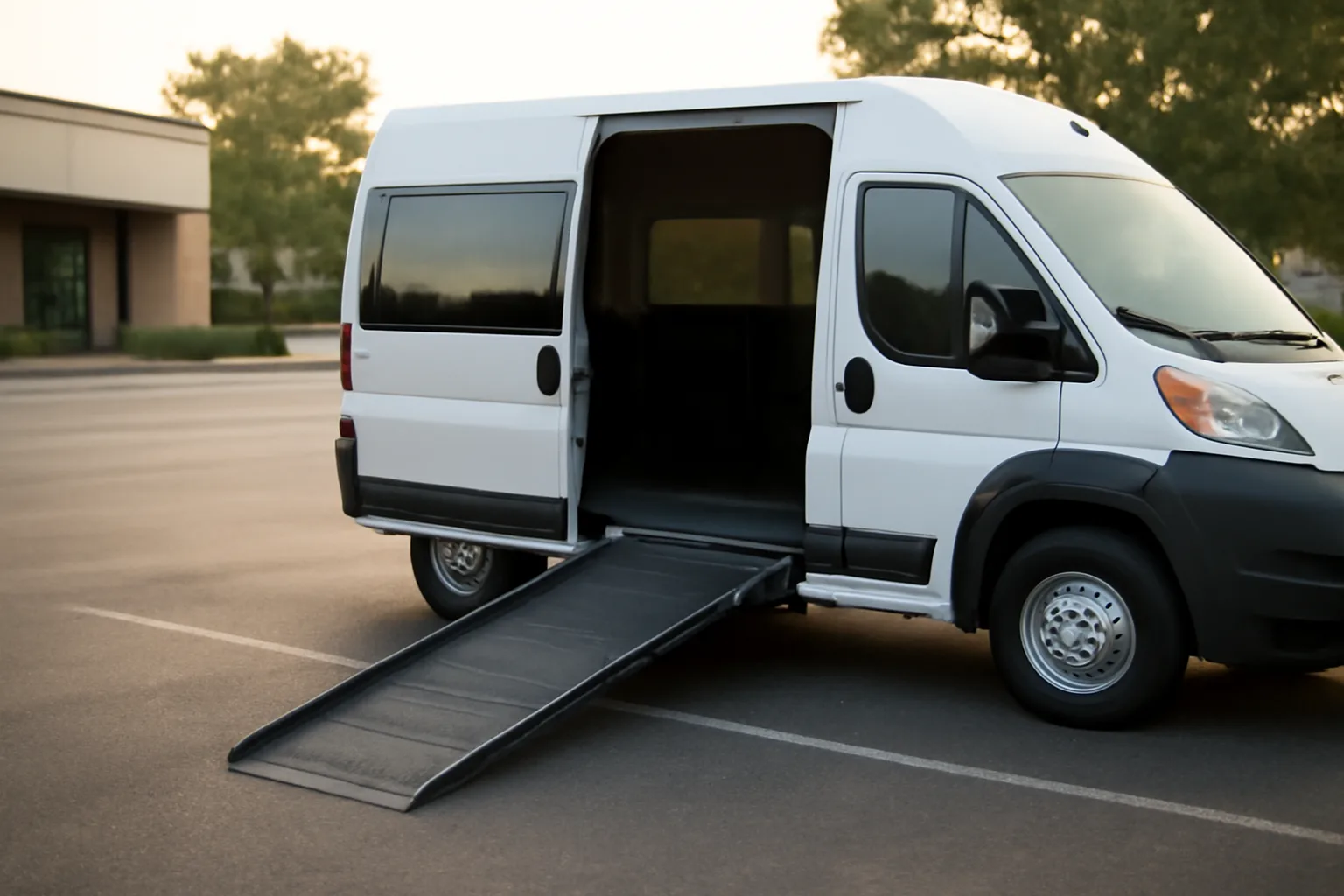 Wheelchair van ramp deployed outside a clinic, representing non-emergency medical transportation companies