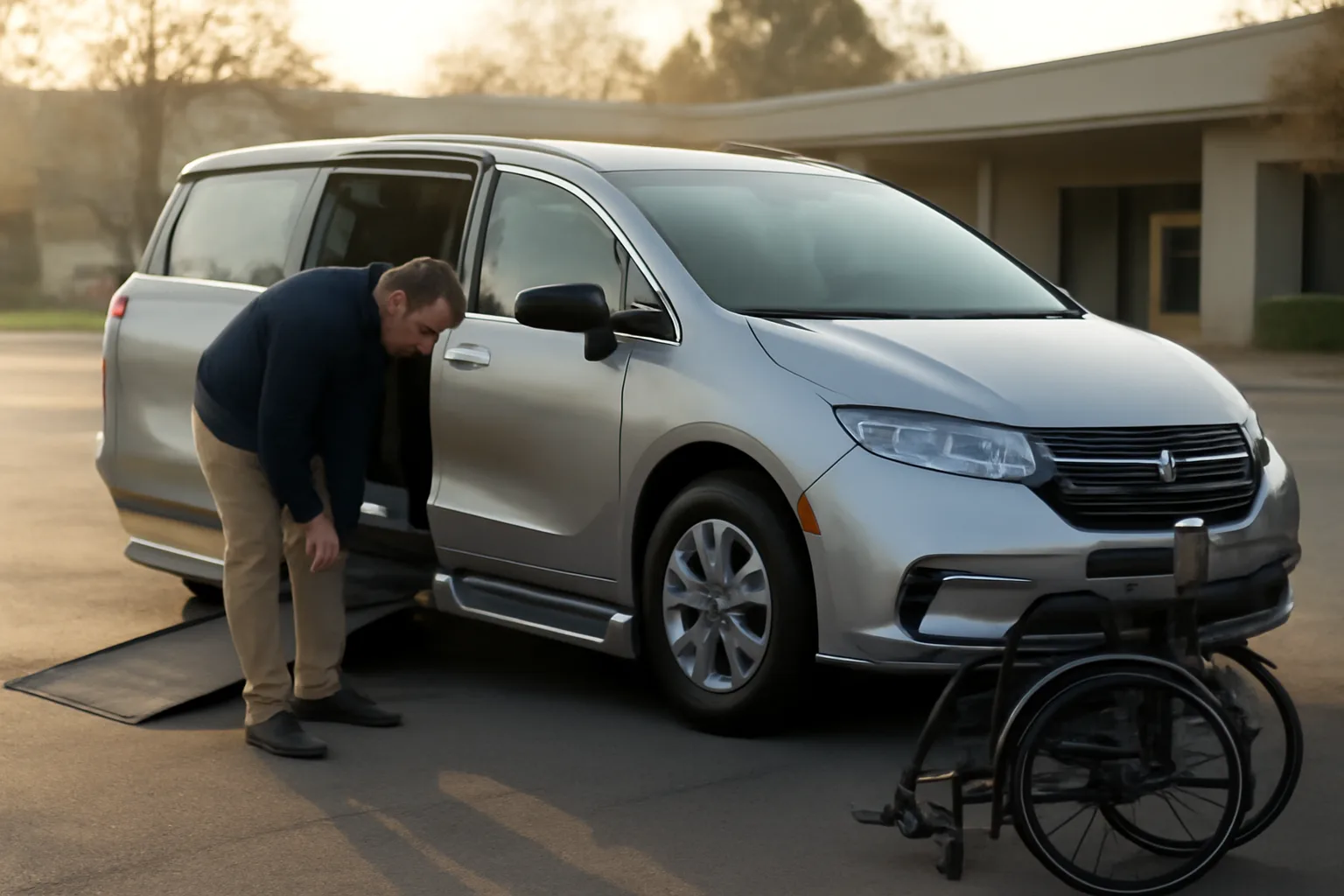 Driver checking a wheelchair van ramp before a non-emergency medical transportation pickup