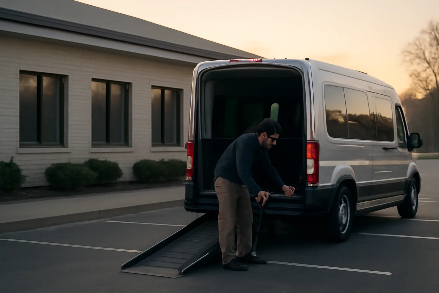 Owner-operator inspecting a wheelchair van ramp outside a medical office at dawn