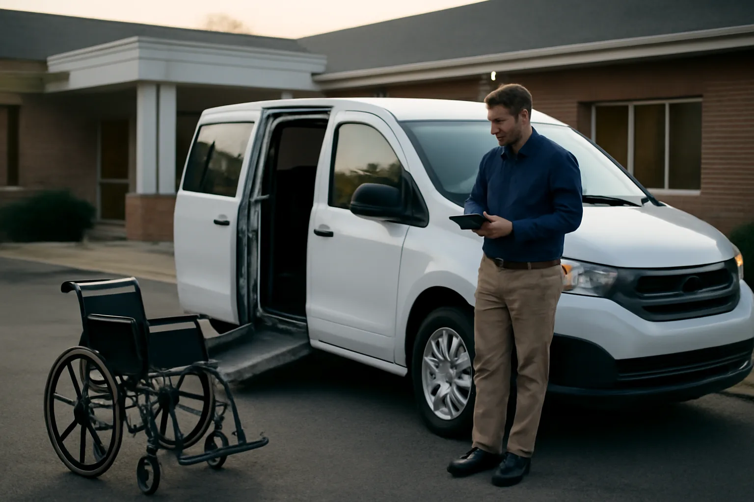Wheelchair van with ramp deployed outside a clinic during NEMT broker dispatch preparation