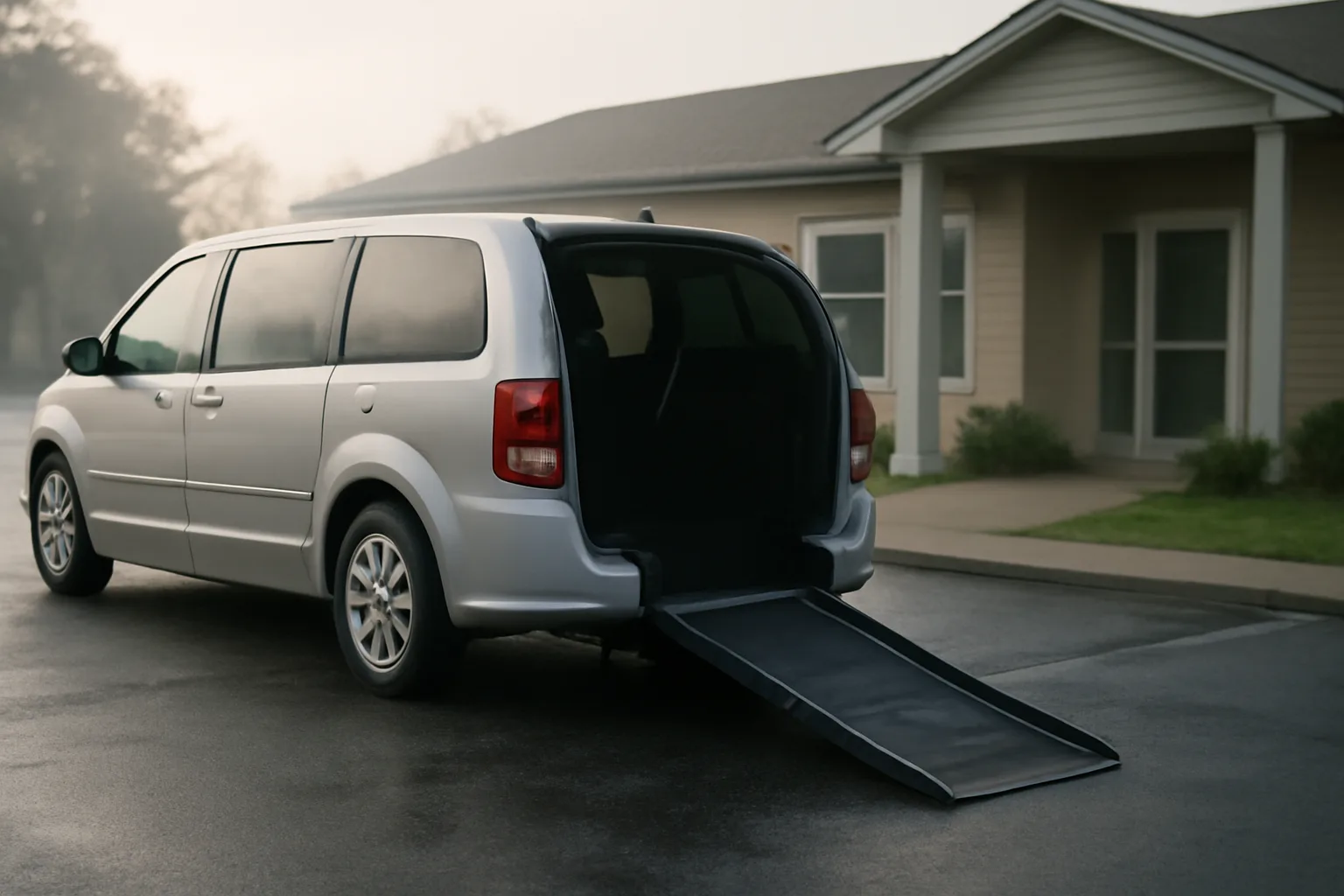 Wheelchair van with deployed ramp outside a clinic in early morning light