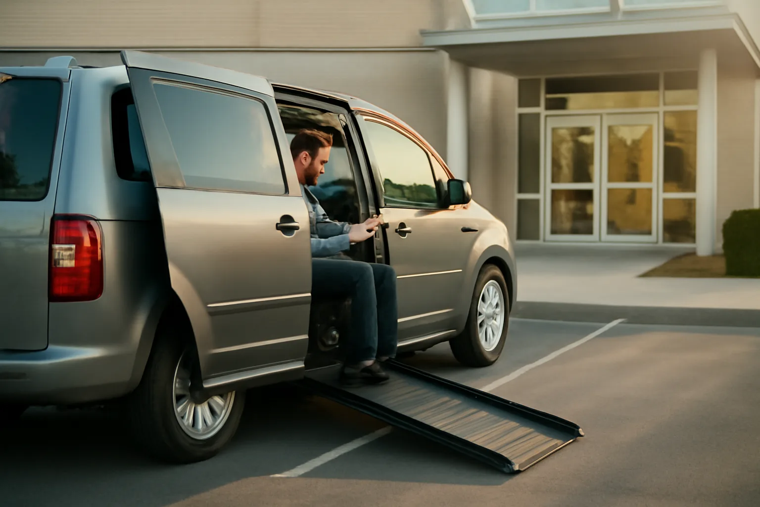 Wheelchair van with ramp deployed outside a clinic while driver checks dashboard tablet