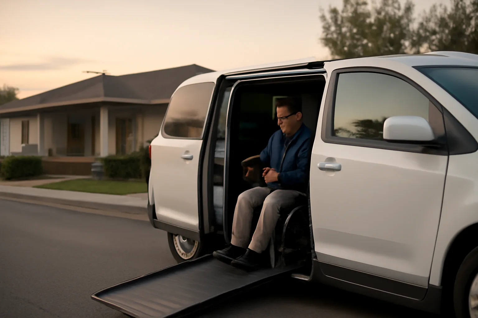 Wheelchair-accessible NEMT van with ramp deployed outside a medical clinic at dawn