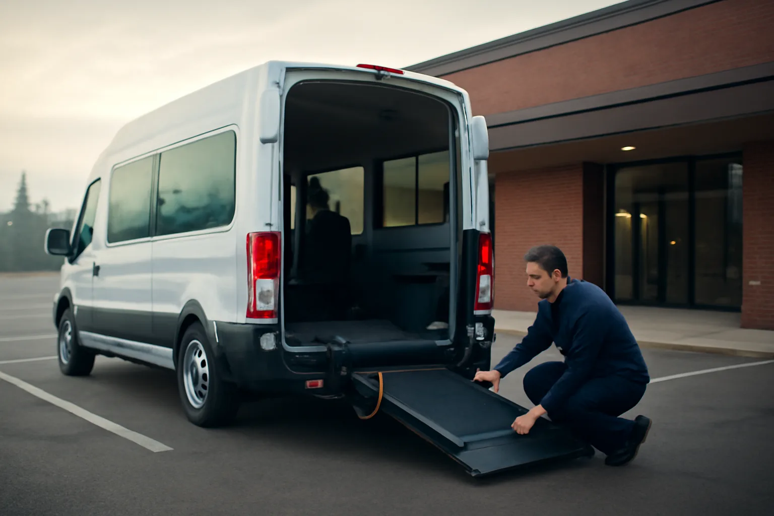 Driver inspecting a wheelchair van lift outside a clinic before an NEMT trip