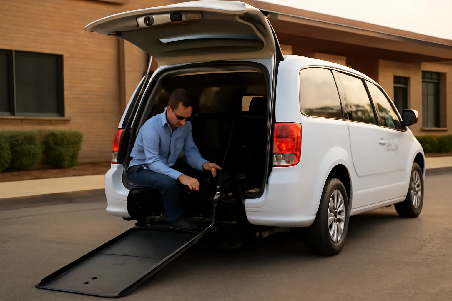 Wheelchair van with ramp deployed outside a Georgia medical clinic during NEMT provider driver check