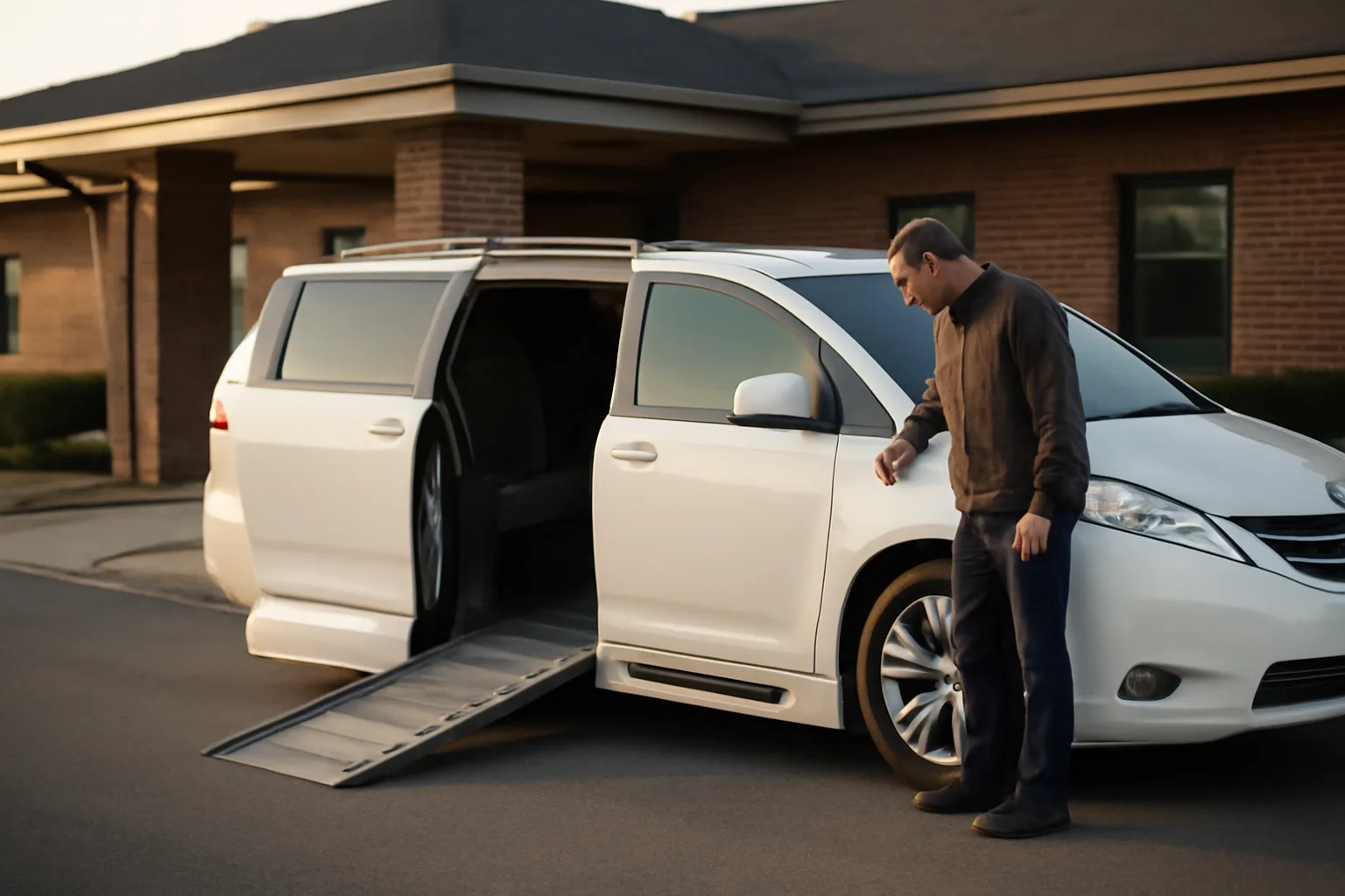 Driver checking wheelchair van ramp outside a clinic for a non emergency medical transport job