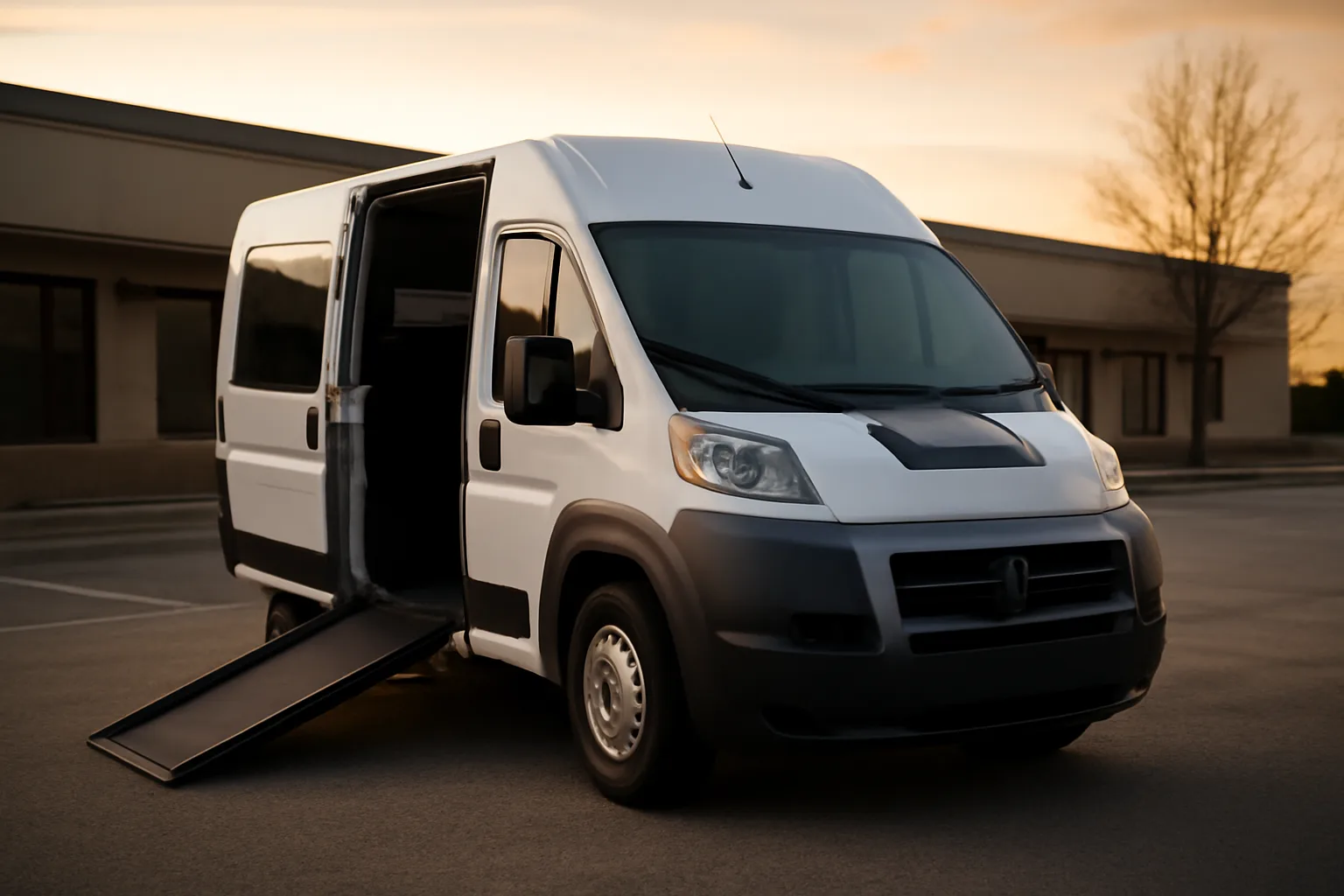 Wheelchair van with ramp deployed outside an office at dawn, representing excess liability coverage for medical transport