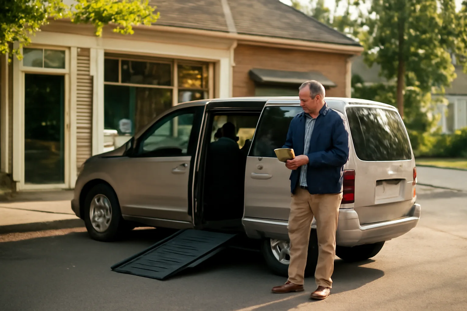 Wheelchair van owner-operator reviewing paperwork near an insurance agency before a NEMT trip