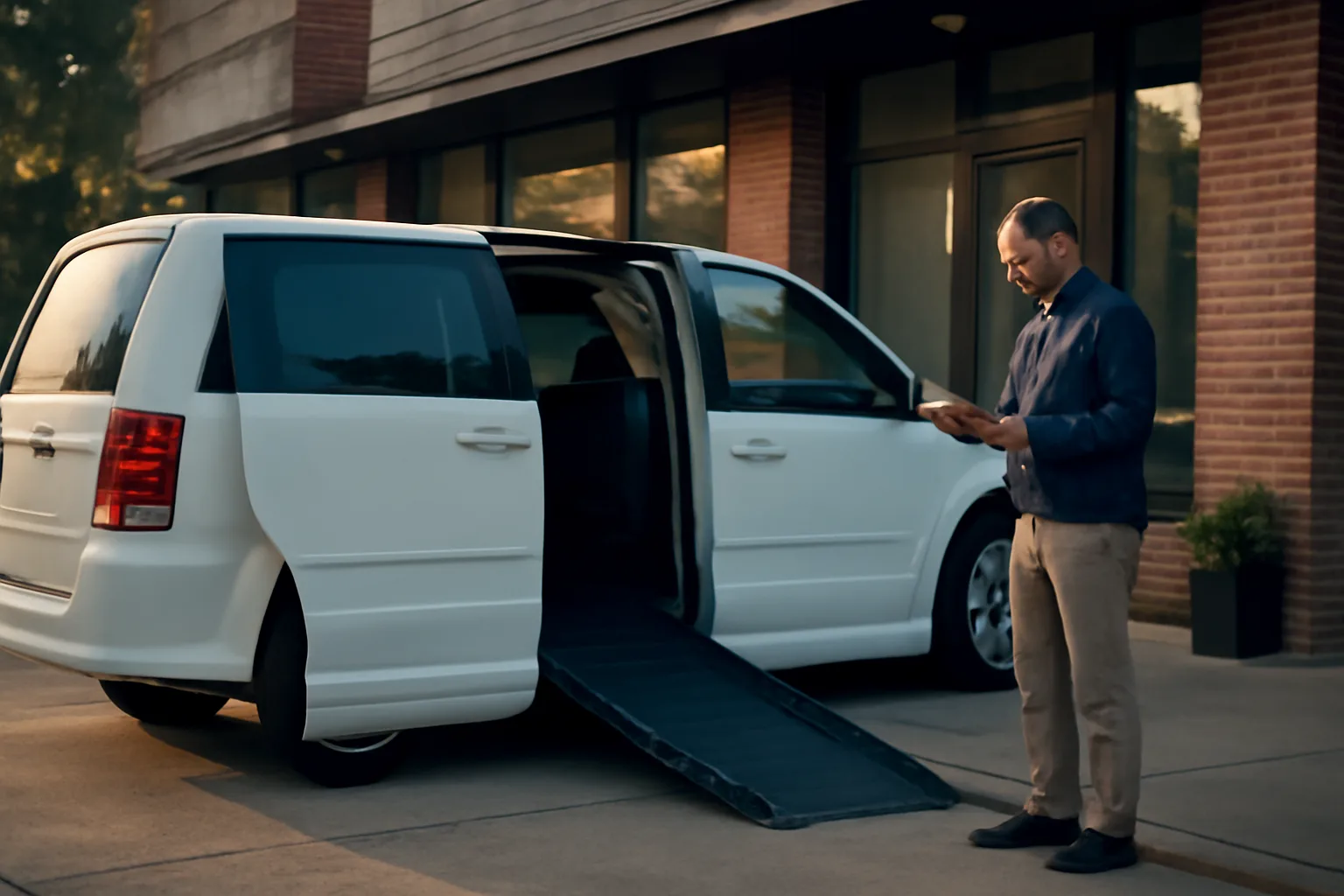 Wheelchair van with ramp deployed outside an office, illustrating non-medical transportation business insurance needs