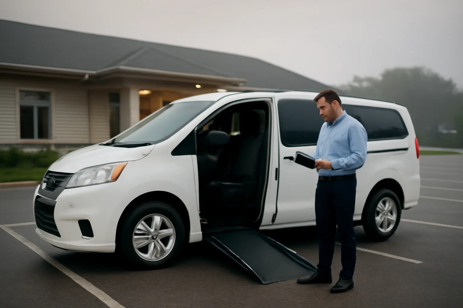 Wheelchair van parked outside a clinic in morning light for a medical transportation business