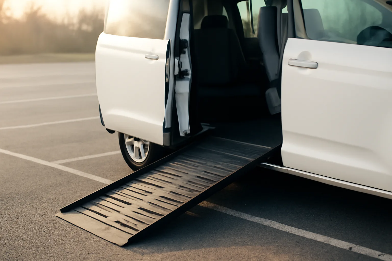Wheelchair-accessible van with ramp deployed, illustrating steps to start an NEMT business