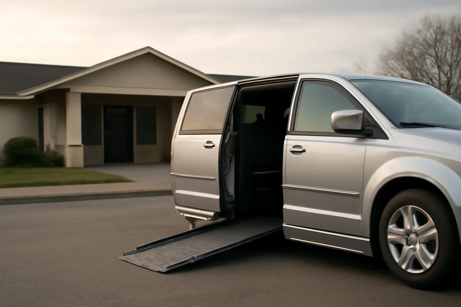 Wheelchair-accessible van with ramp deployed outside a medical clinic in early morning light