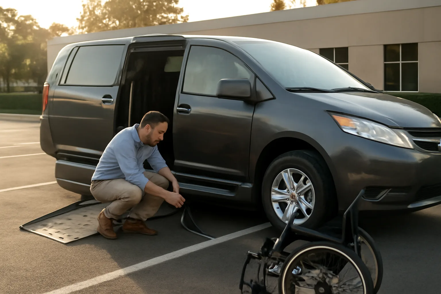 Wheelchair van with ramp deployed outside a clinic, illustrating non emergency medical transportation cost