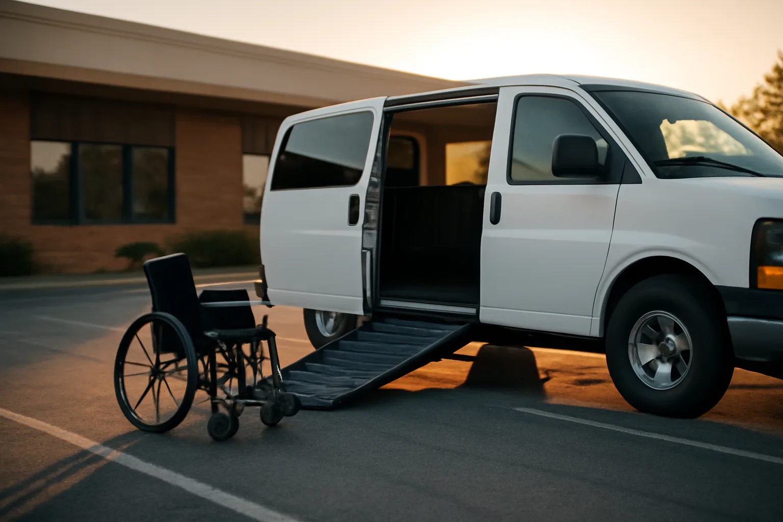Wheelchair-accessible van with ramp deployed outside a clinic at sunrise