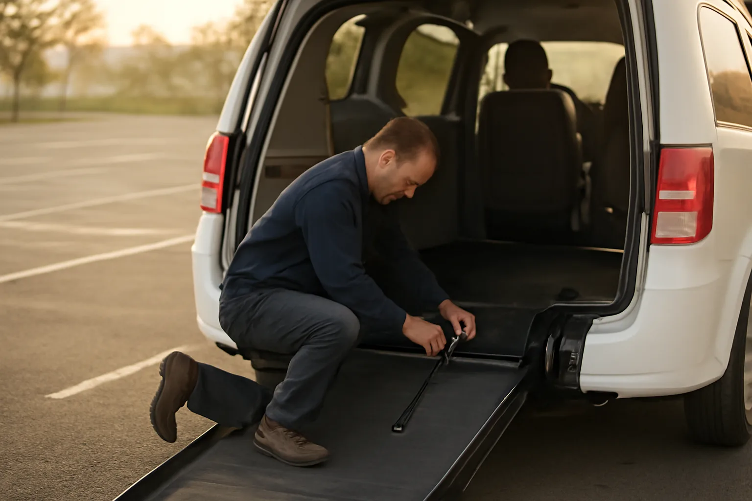 Owner-operator checking wheelchair securement straps in a van before starting non emergency medical transportation runs