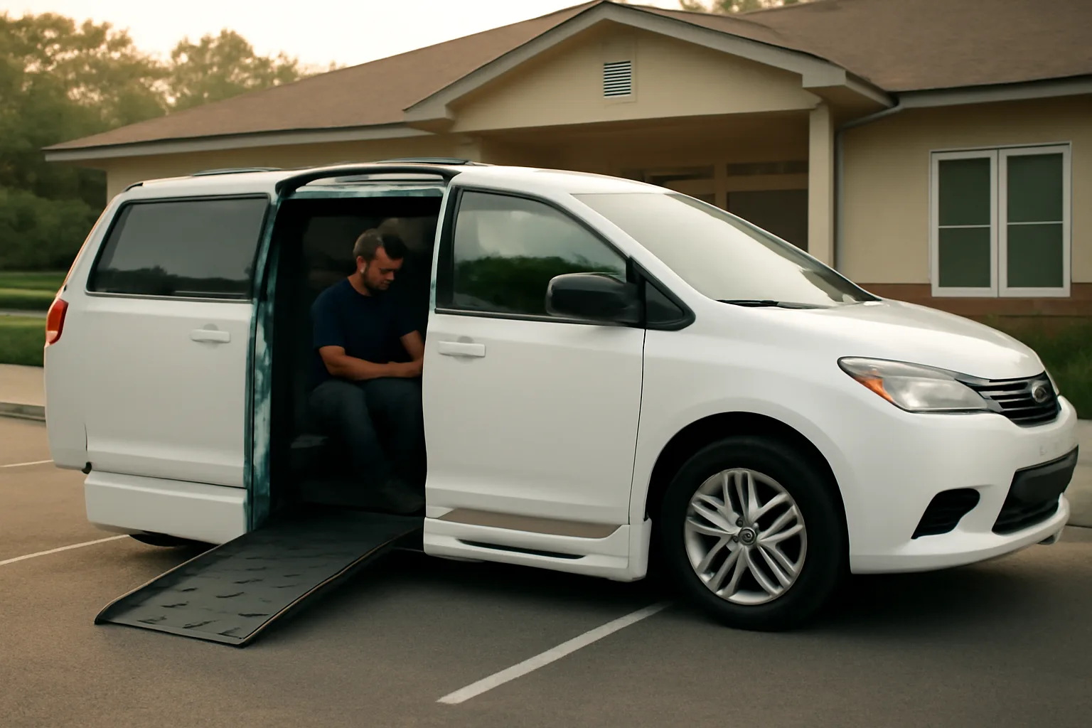 Driver inspecting wheelchair securement straps in an accessible van before a medical transportation run
