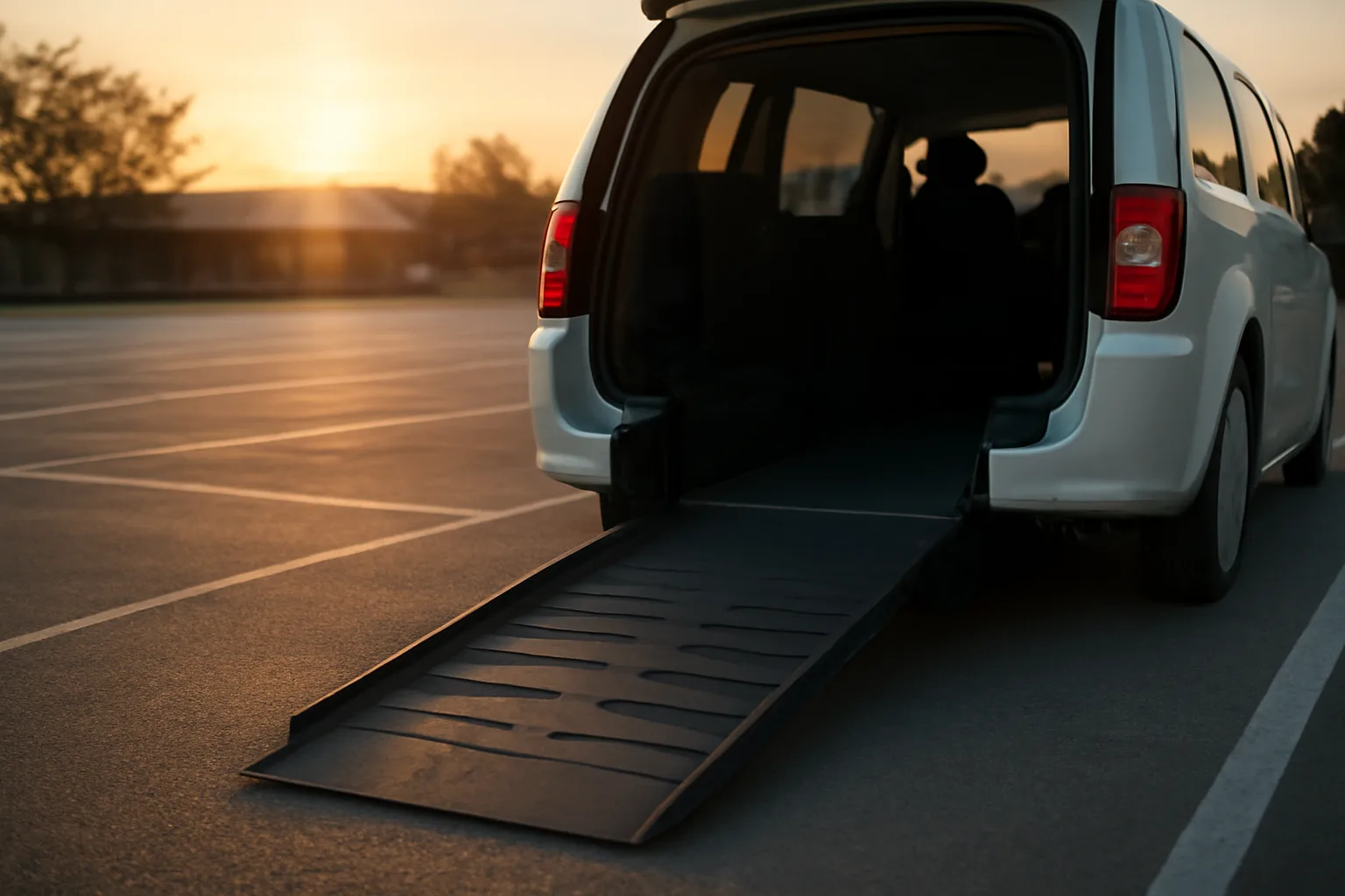Wheelchair van ramp deployed in a clinic parking lot for a new NEMT transportation business