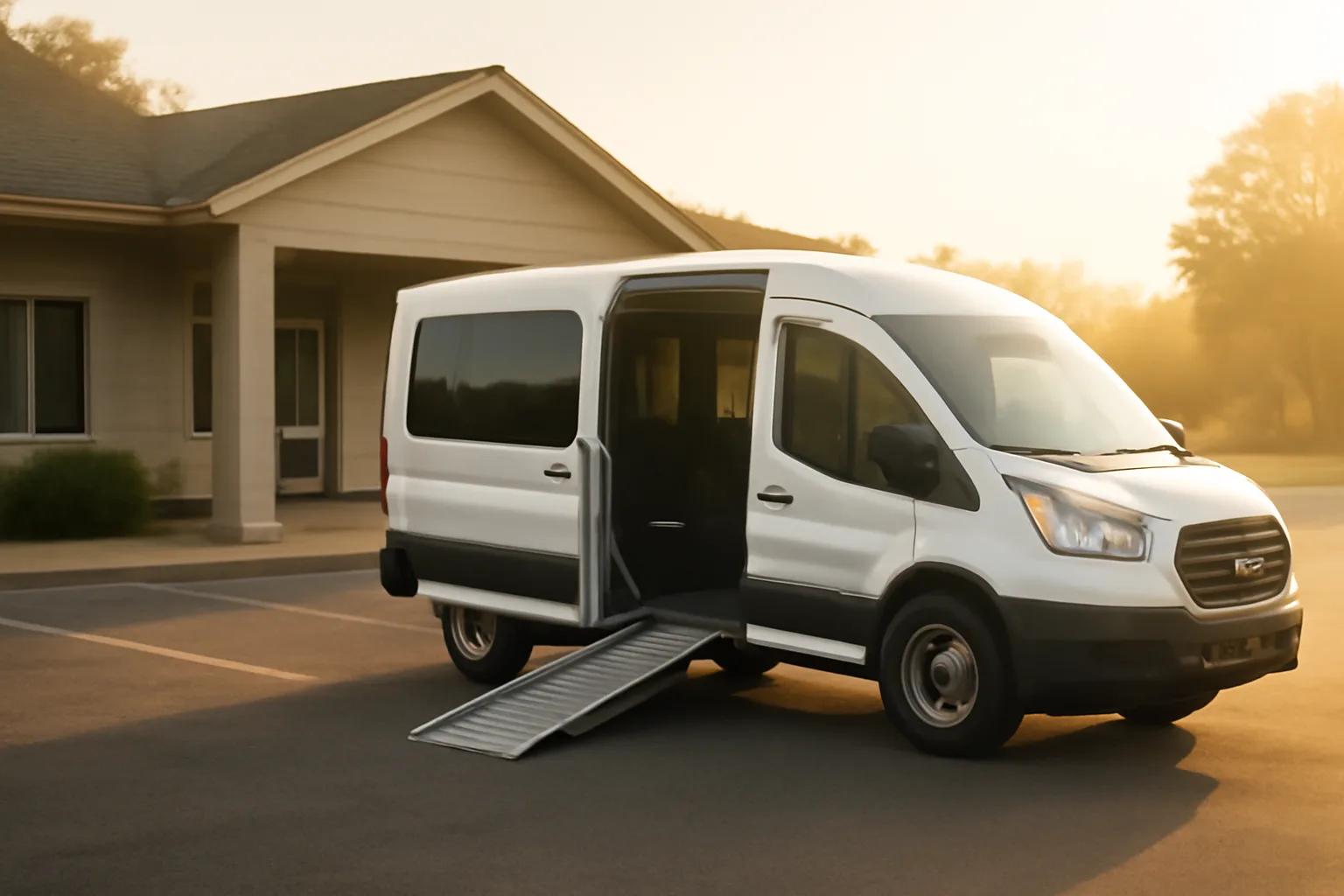 Wheelchair-accessible van with ramp deployed outside a clinic at sunrise