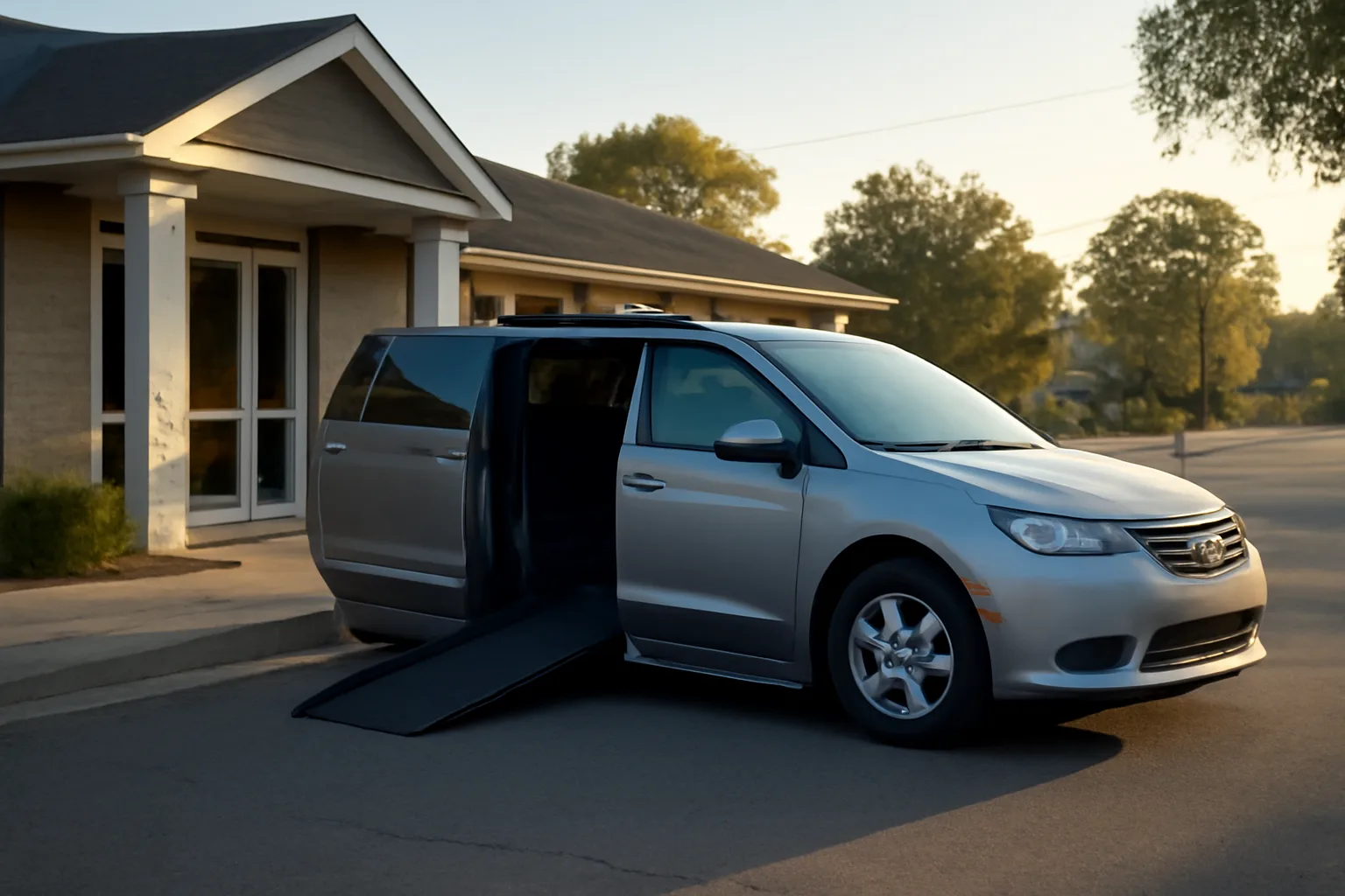 Wheelchair-accessible van with ramp deployed outside a clinic, representing a medical transportation business