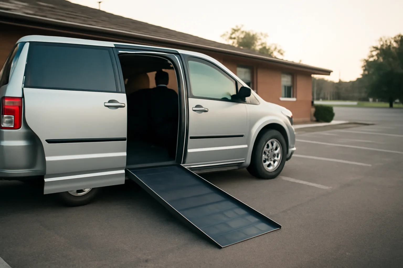 Wheelchair van ramp deployed outside a medical clinic in early morning light
