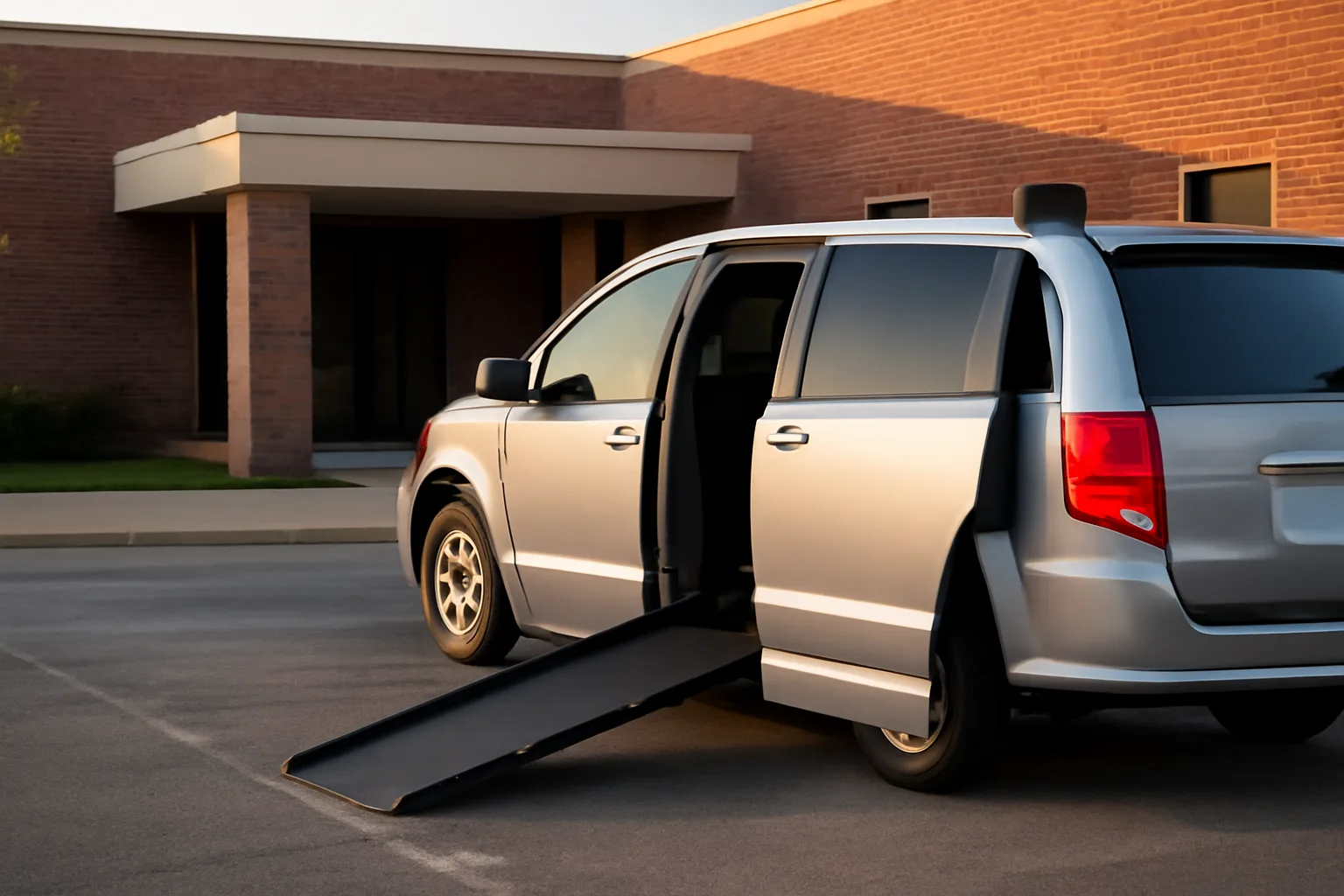 Wheelchair van with ramp extended outside a medical clinic in morning light