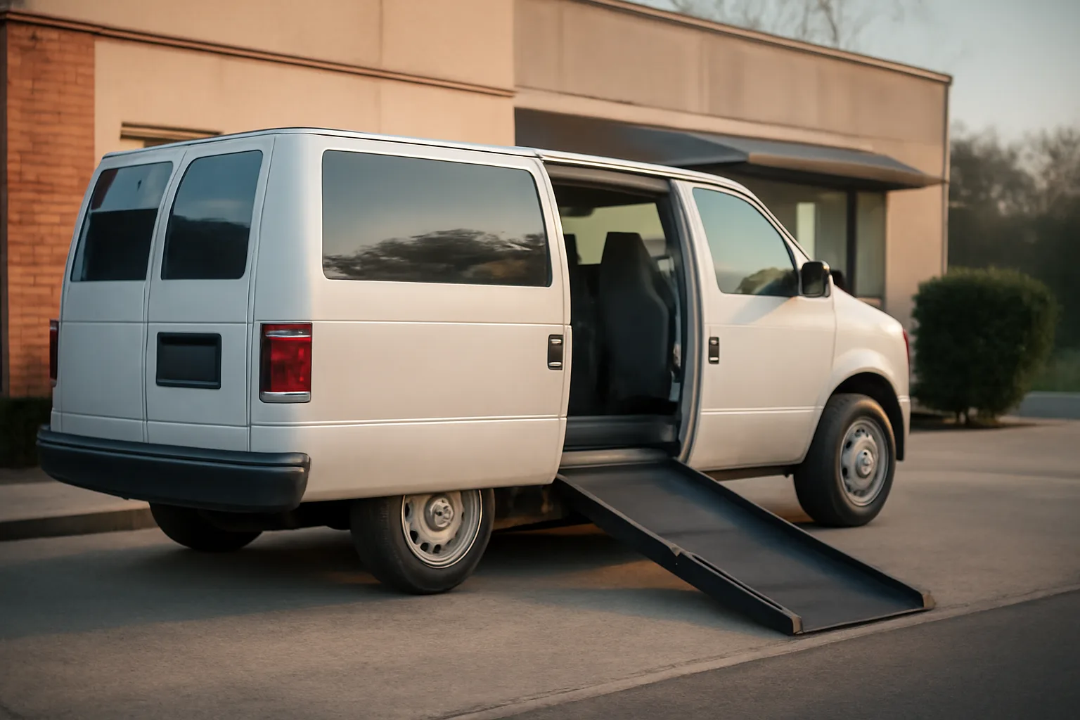 Wheelchair-accessible van with ramp deployed outside a small office at dawn