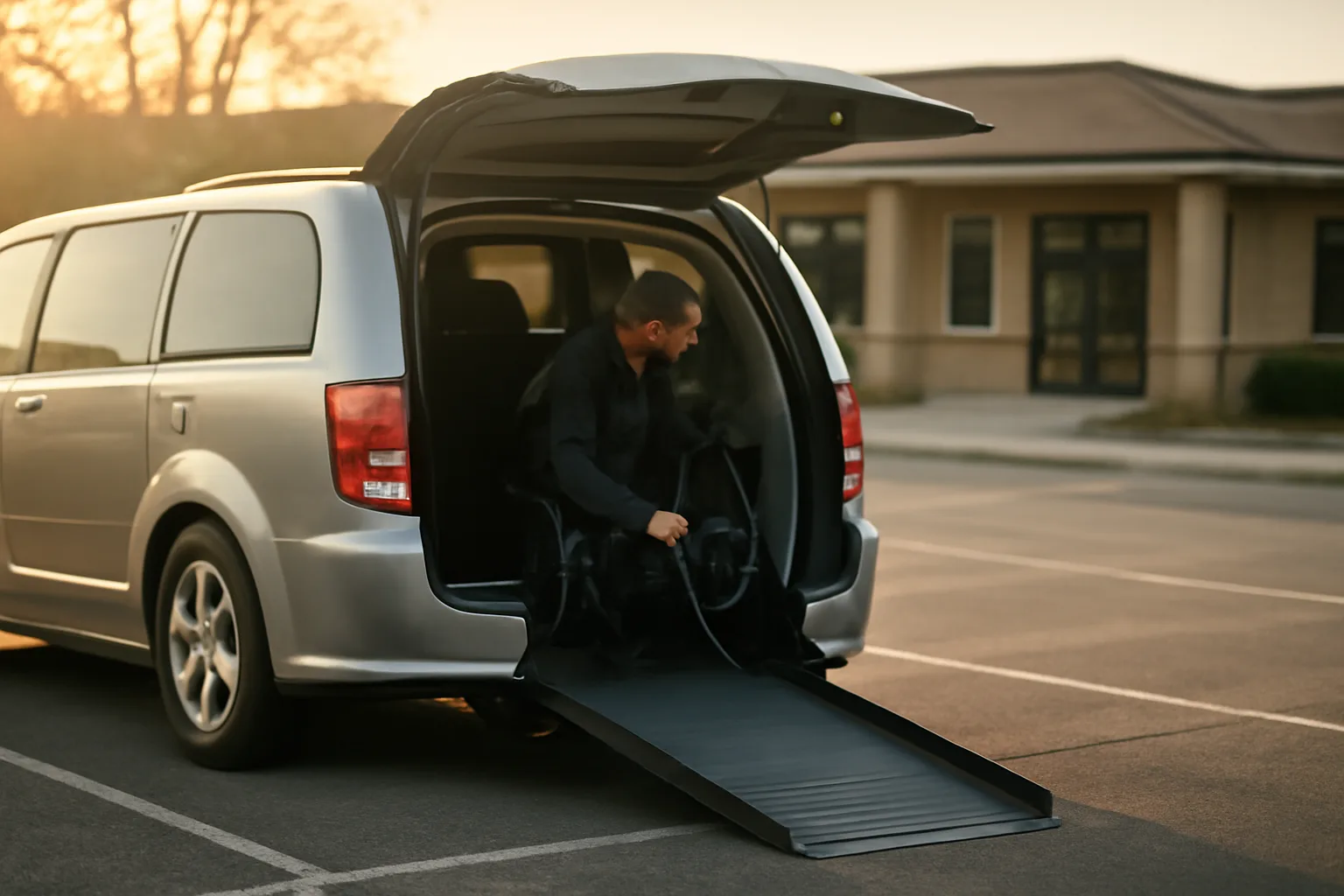 Wheelchair-accessible van with ramp deployed outside a clinic at sunrise
