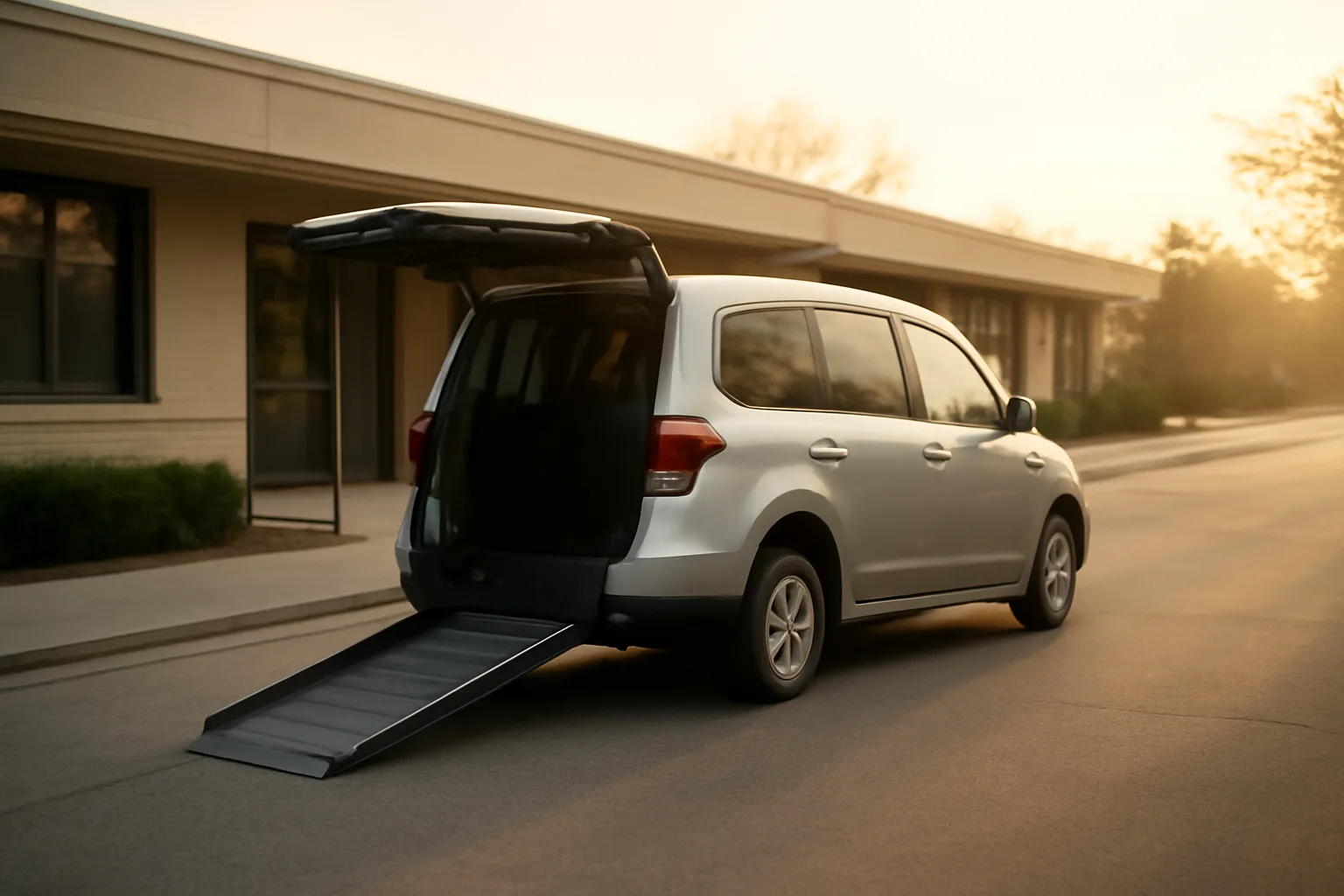 Wheelchair-accessible van with ramp extended outside a medical office building at dawn