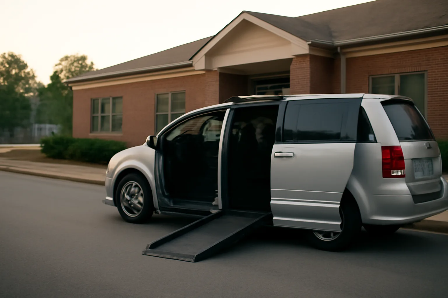 Wheelchair-accessible NEMT van with ramp extended outside a medical clinic at dawn