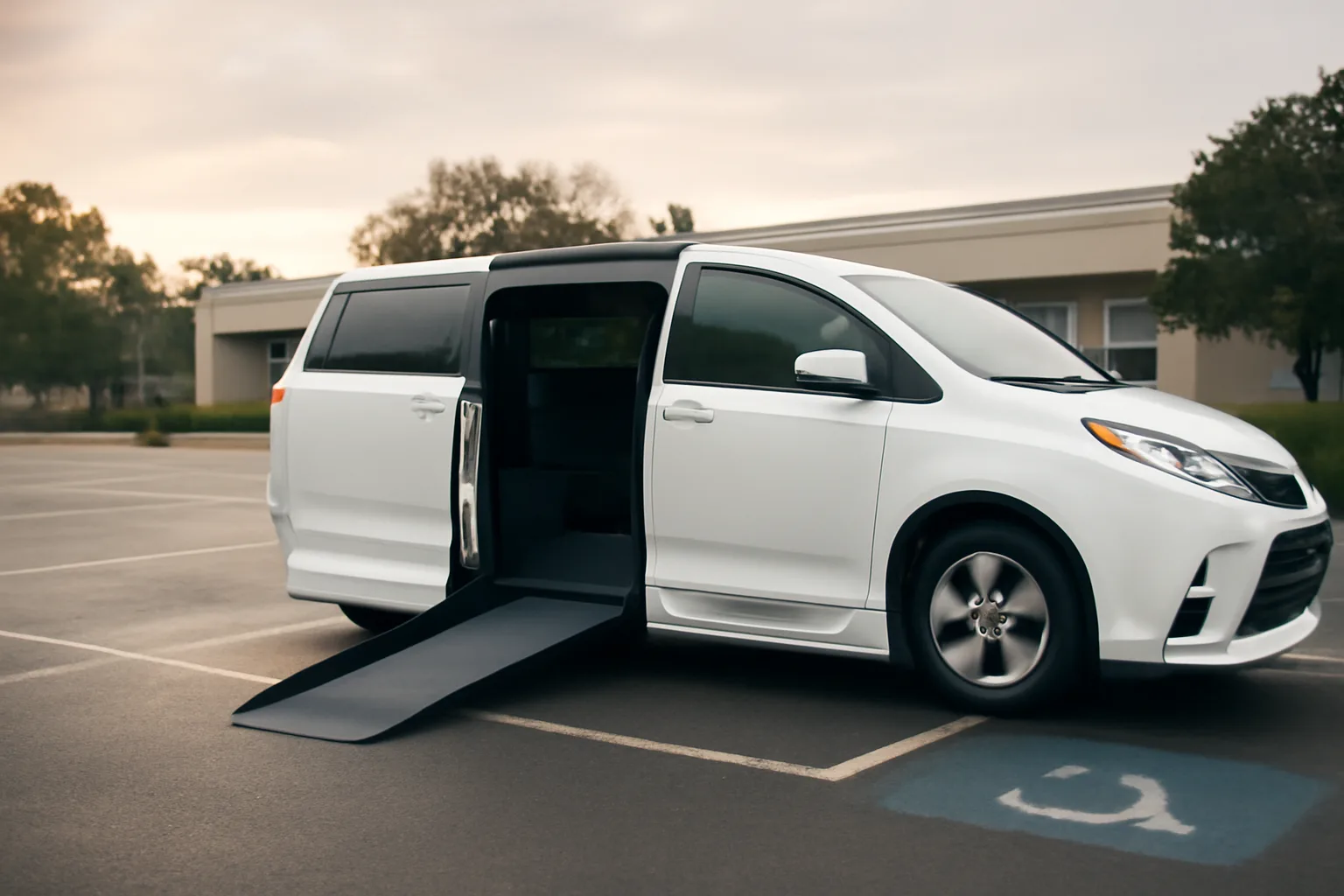 Wheelchair-accessible NEMT van with ramp deployed in a clinic parking lot at dawn