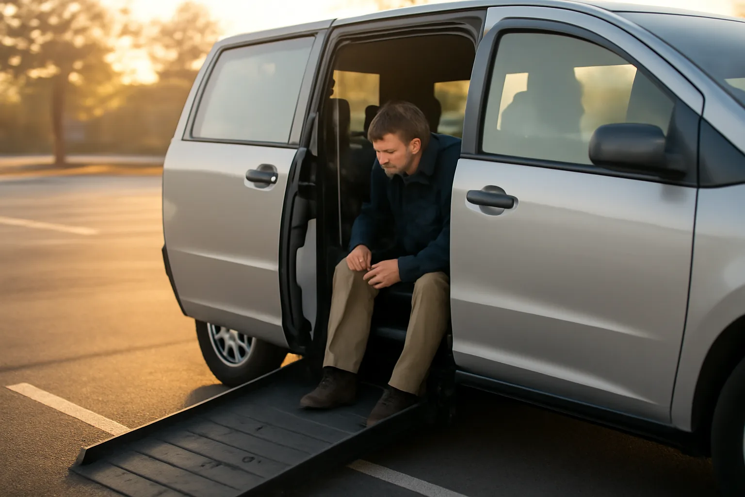 Owner-operator checking wheelchair securement straps in a van for an NEMT business