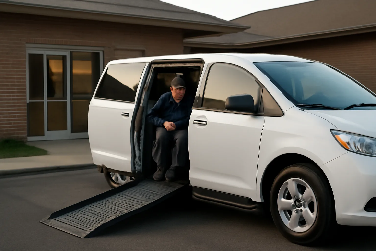 Wheelchair van ramp extended outside a medical clinic in early morning light