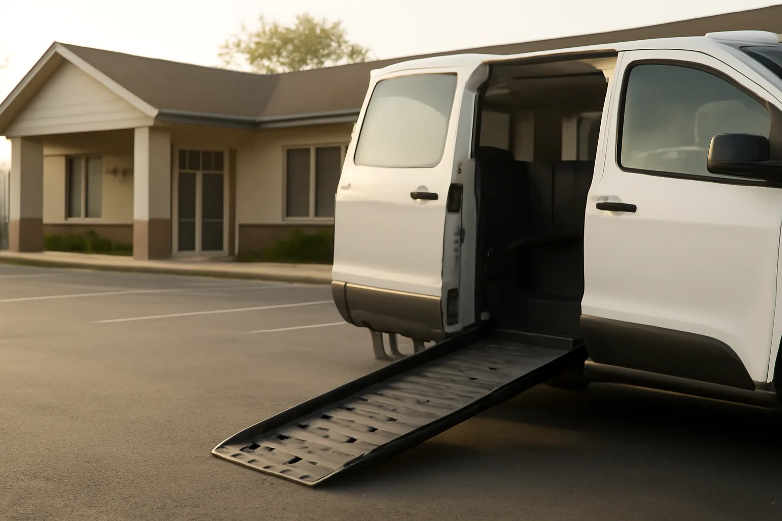 Wheelchair van ramp lowered outside a clinic at dawn, illustrating NEMT business profitability