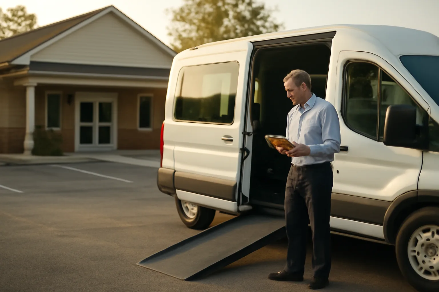 Wheelchair-accessible NEMT van with ramp extended outside a clinic at dawn