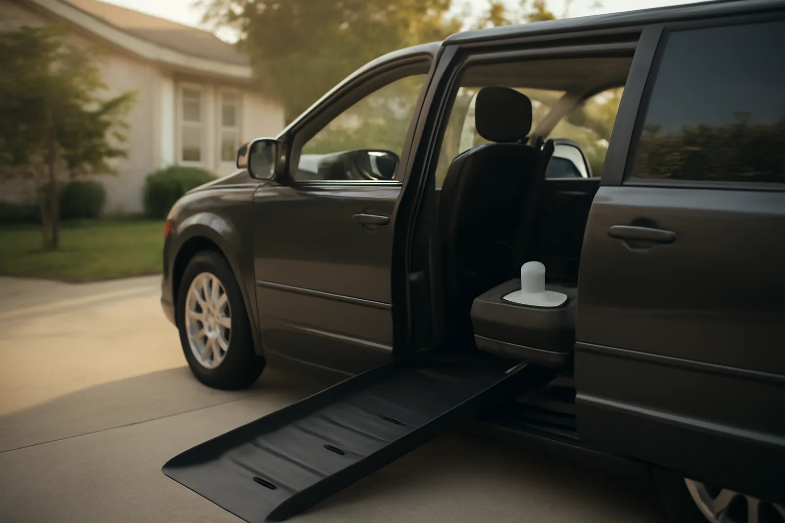 Wheelchair-accessible van with ramp deployed in driveway during early morning light