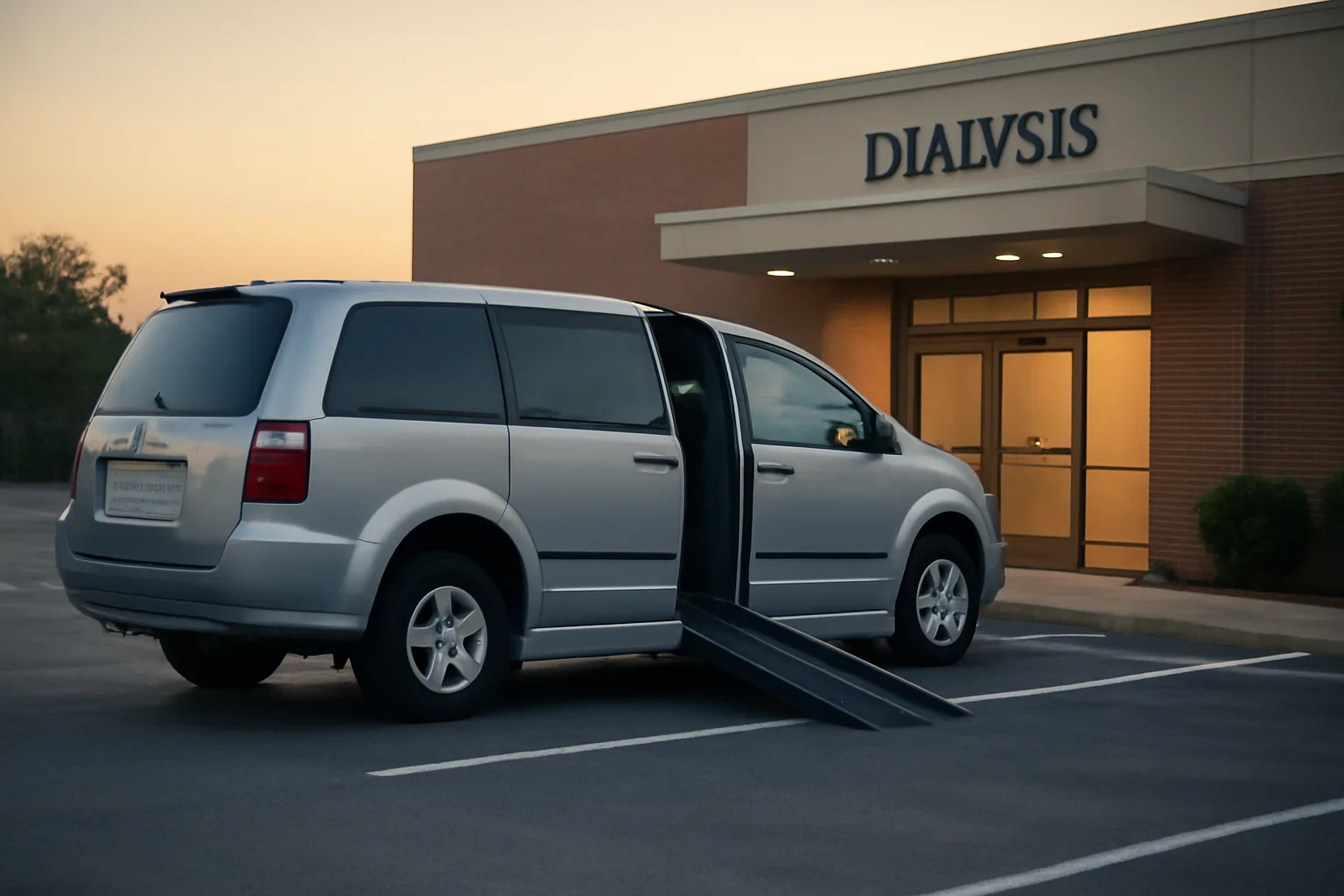 Wheelchair-accessible van with ramp extended outside a clinic at dawn