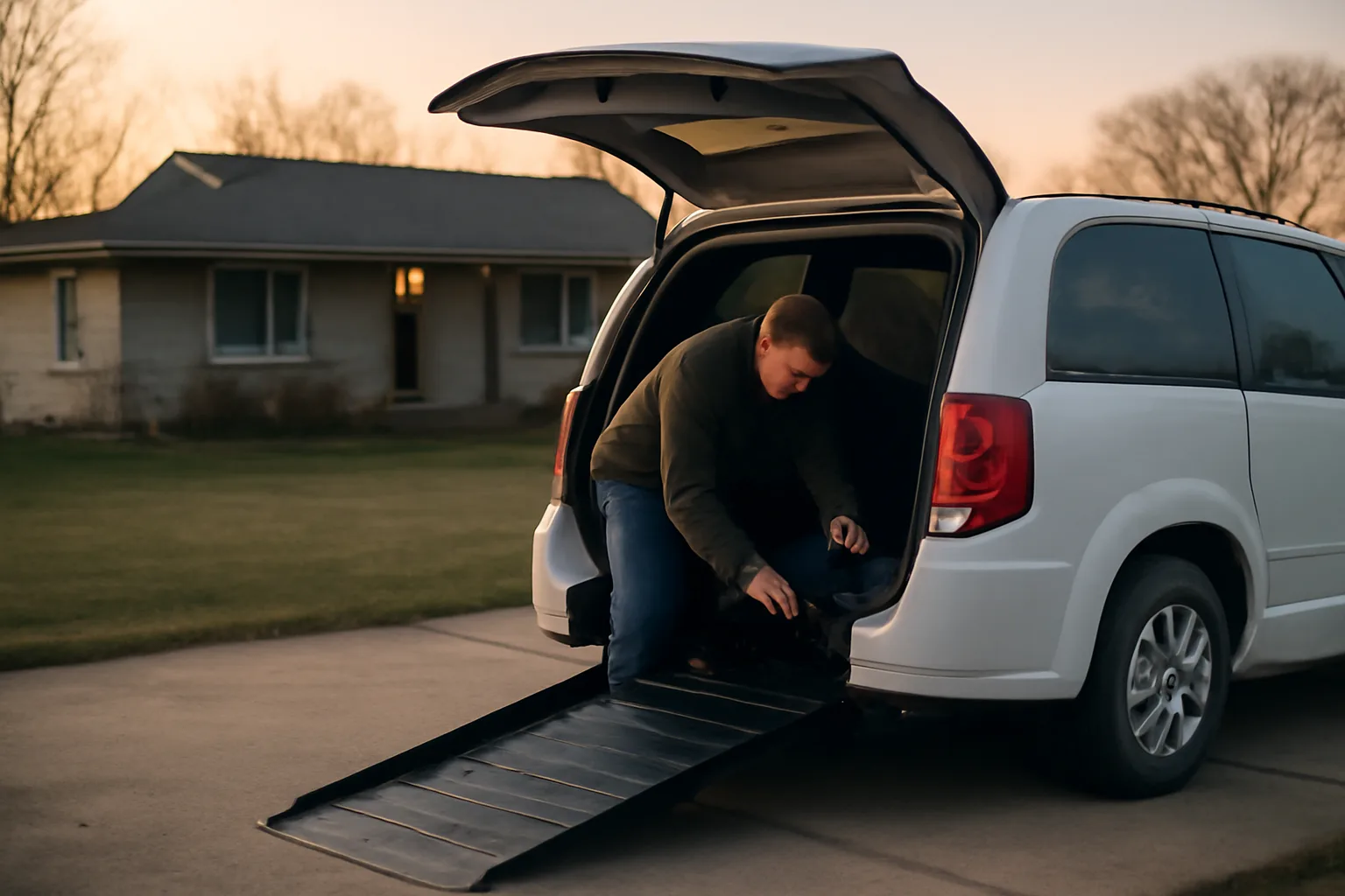 Owner-operator checking wheelchair van tie-downs before an NEMT business trip