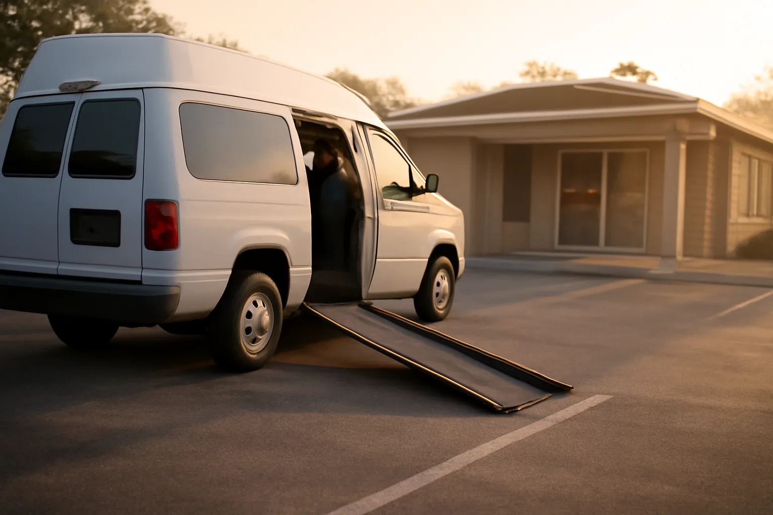 Wheelchair-accessible van with ramp extended outside a clinic at sunrise