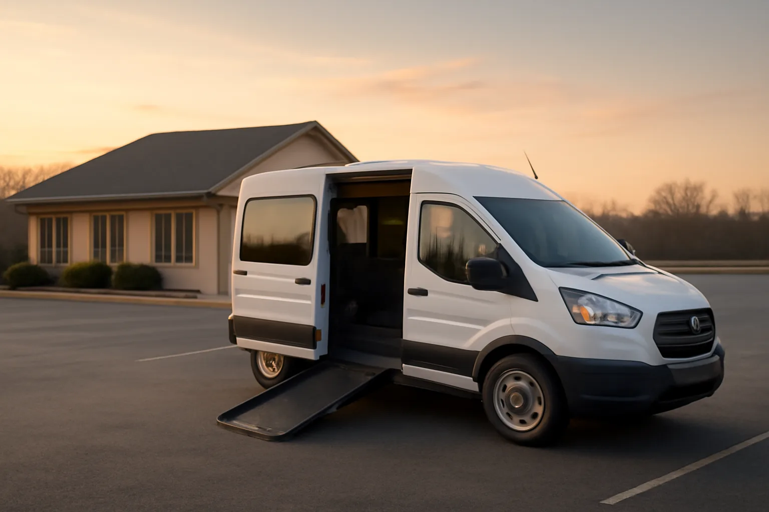 Wheelchair-accessible NEMT van with ramp deployed outside a clinic at dawn