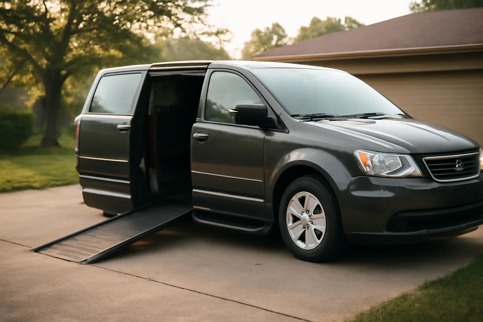 Wheelchair-accessible van with ramp deployed in a driveway at sunrise