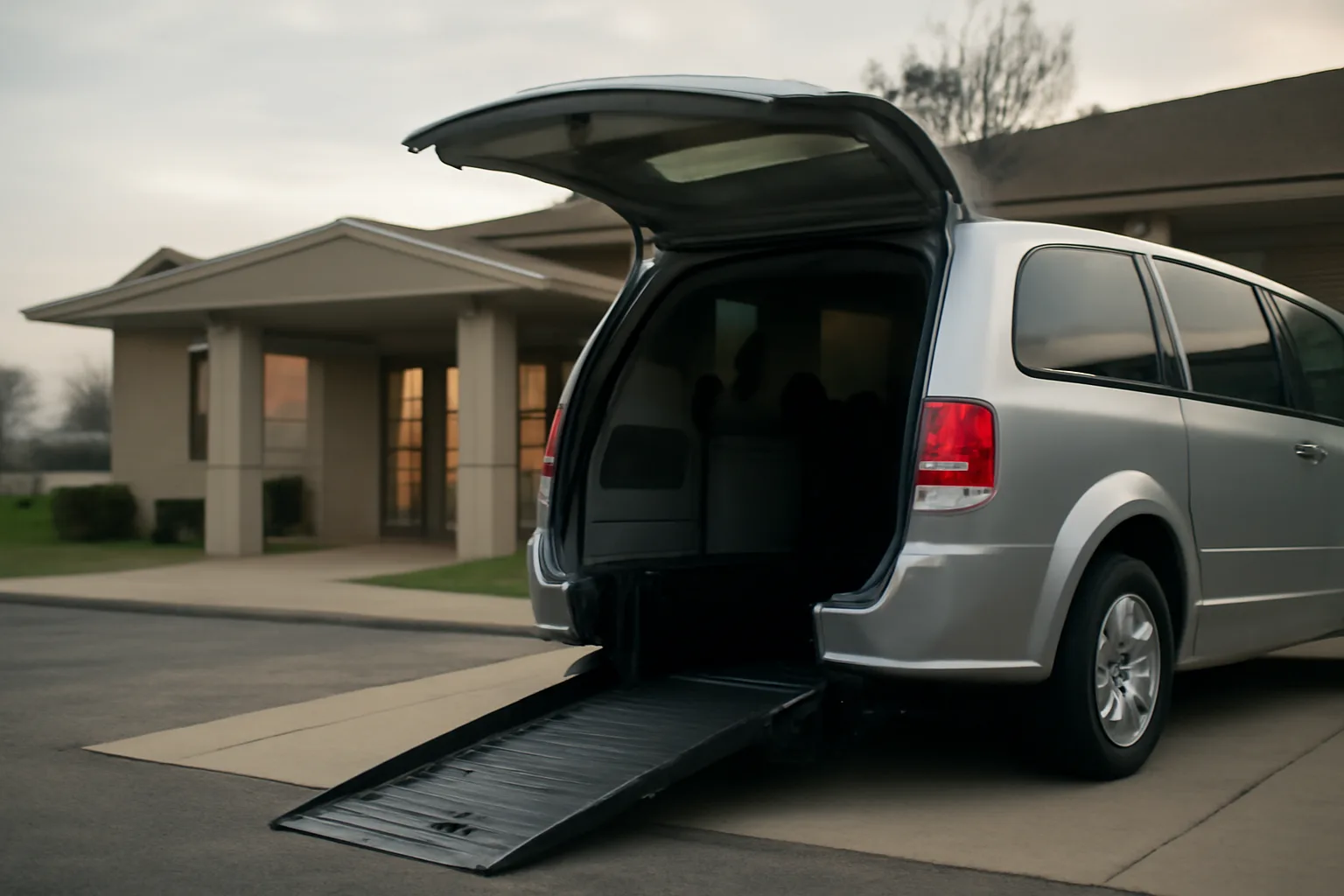 Wheelchair-accessible van with deployed lift parked outside a clinic in morning light