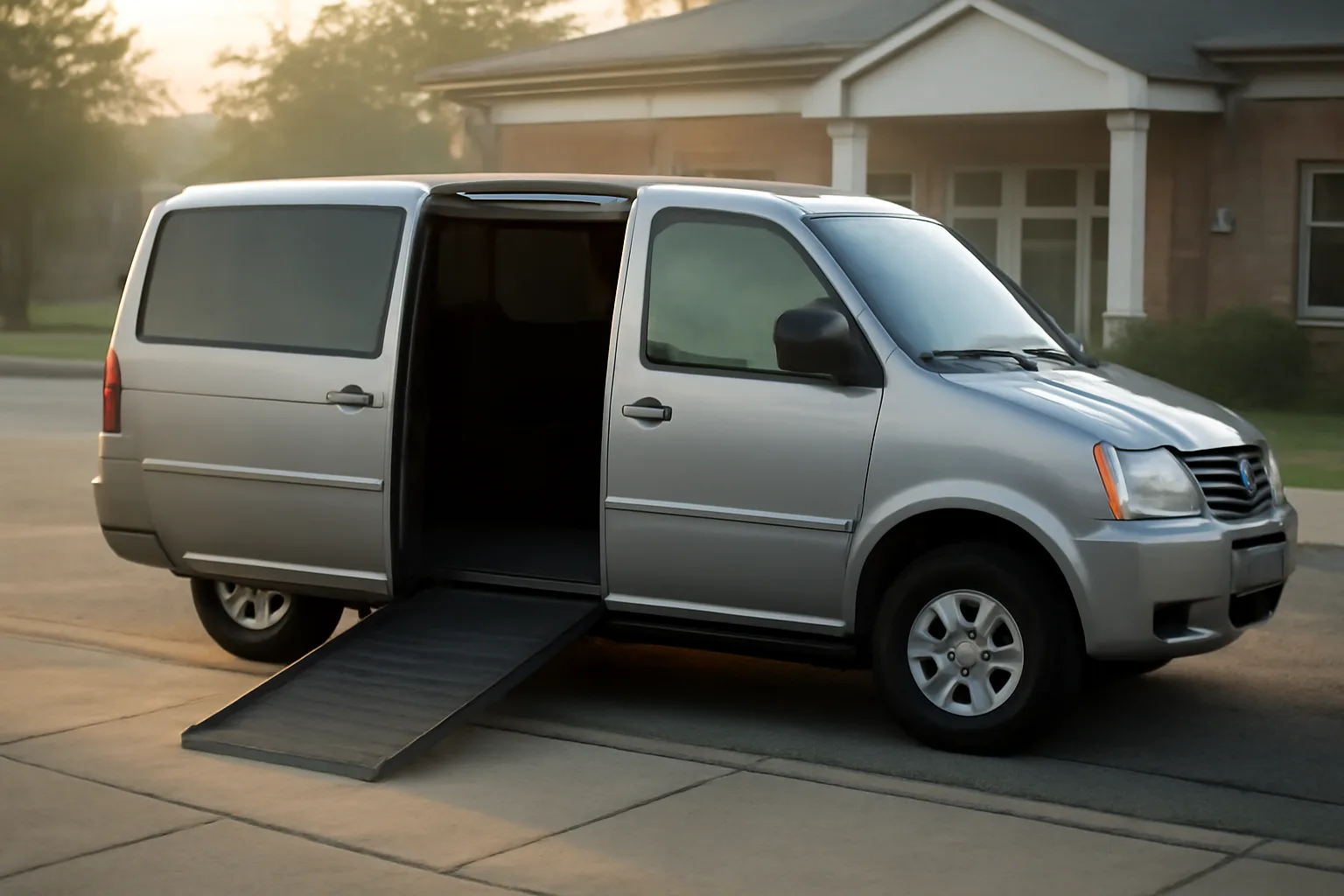 Wheelchair-accessible van with ramp lowered outside a building, part of a non-emergency medical transport business plan