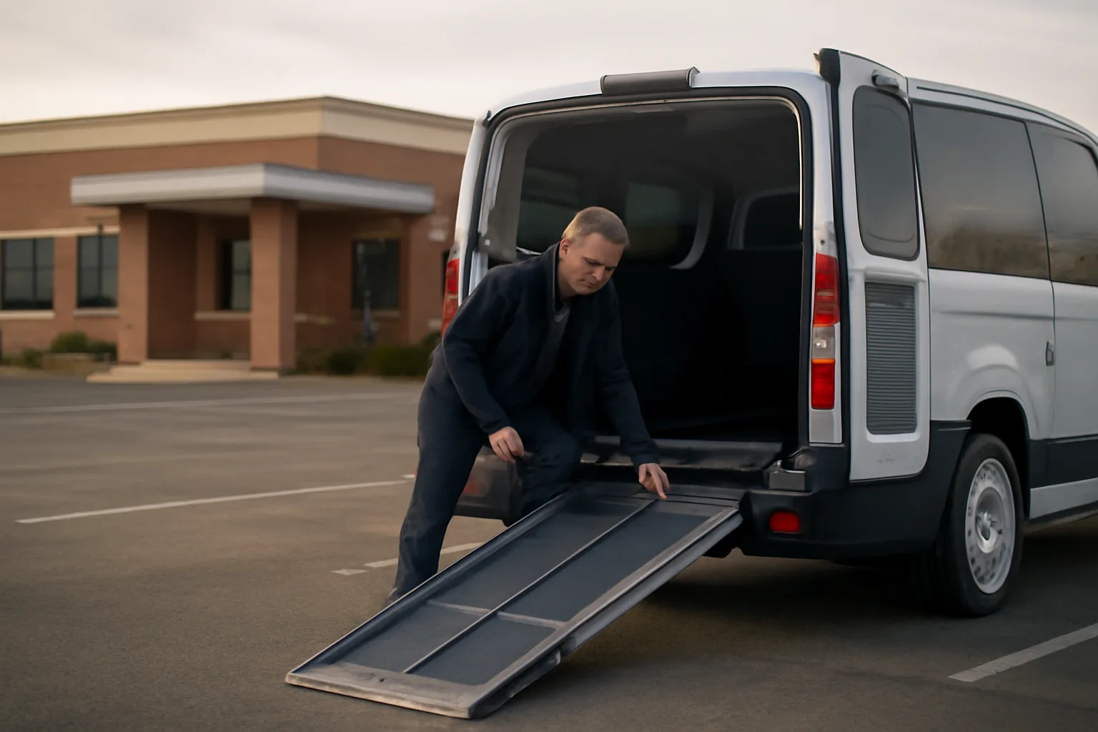 Driver inspecting wheelchair ramp on a non-emergency medical transport van at dawn