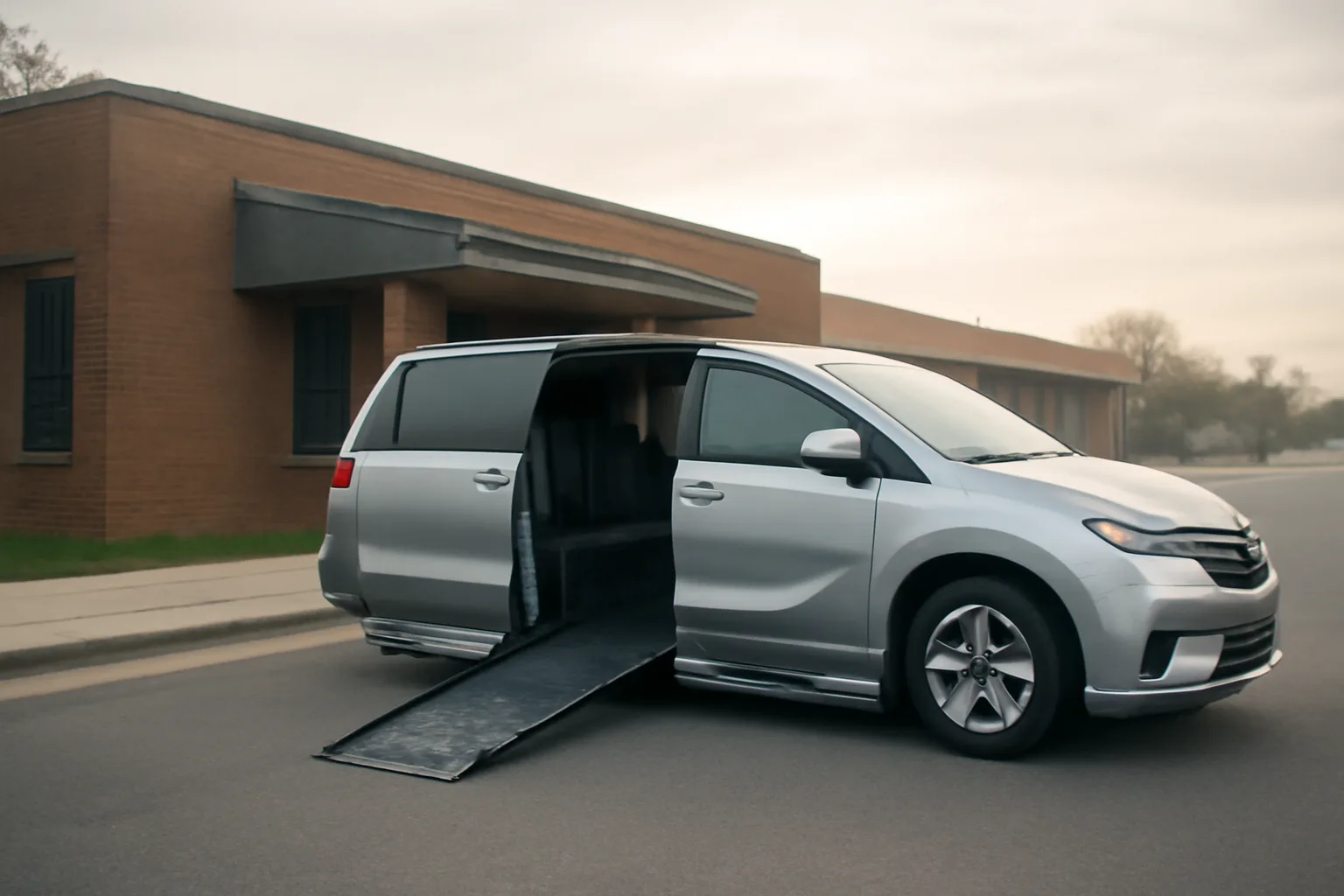 Wheelchair van with ramp deployed outside a clinic during a non-emergency medical transportation application process