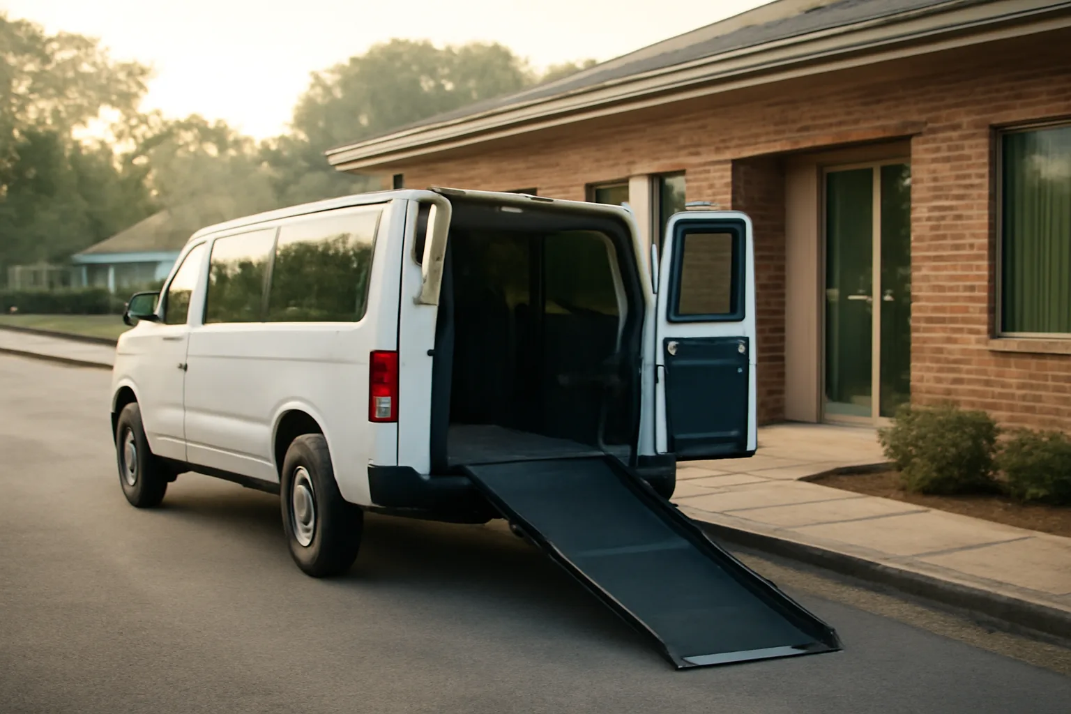 Wheelchair van with ramp deployed outside a clinic, representing non emergency medical transportation business income