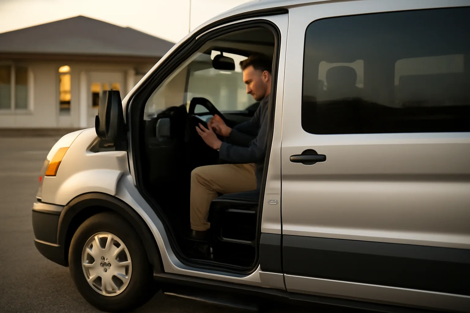 Wheelchair van driver checking a dashboard tablet during early morning NEMT dispatch software setup