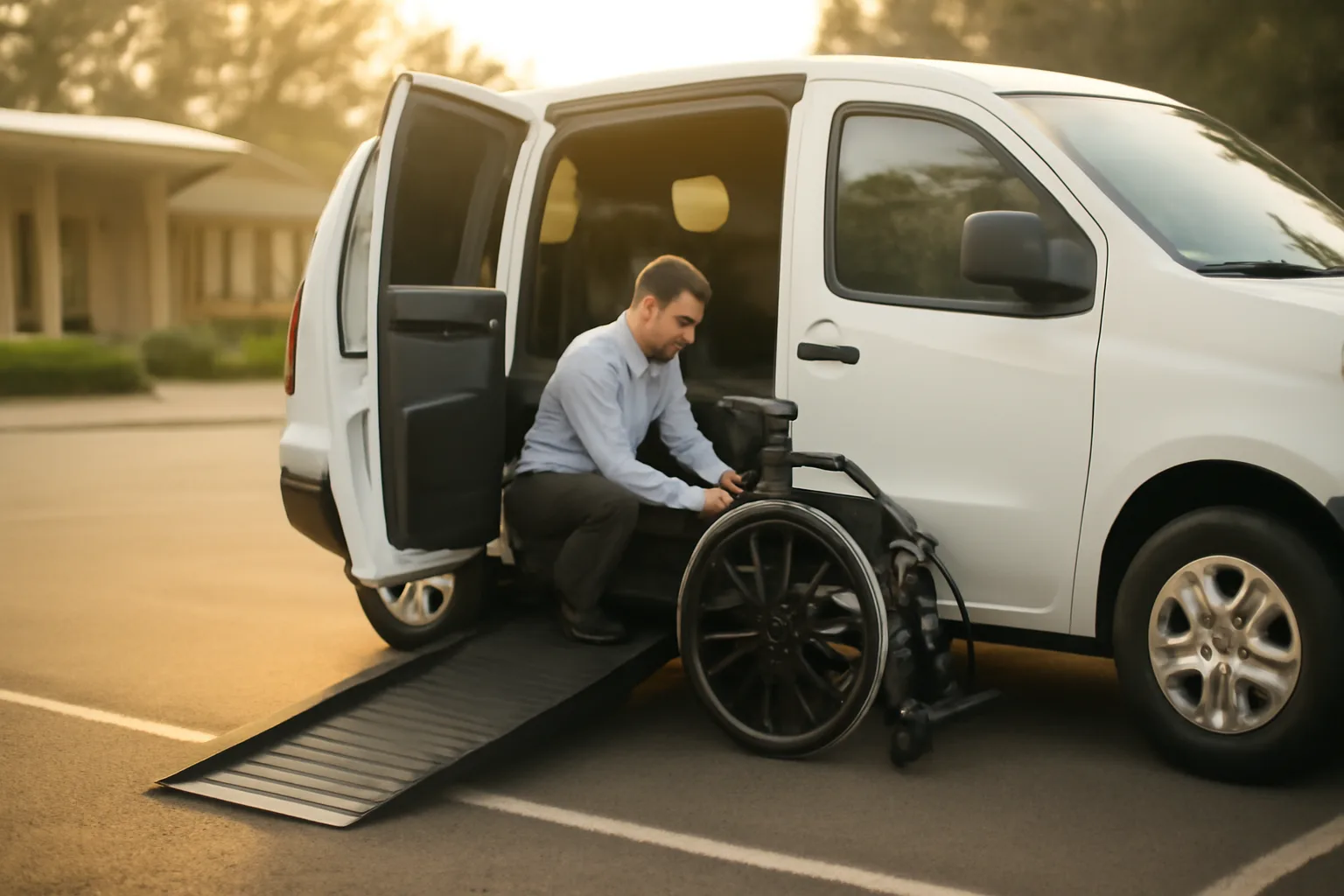 Wheelchair ramp extended from a non emergency medical transportation provider van at a clinic