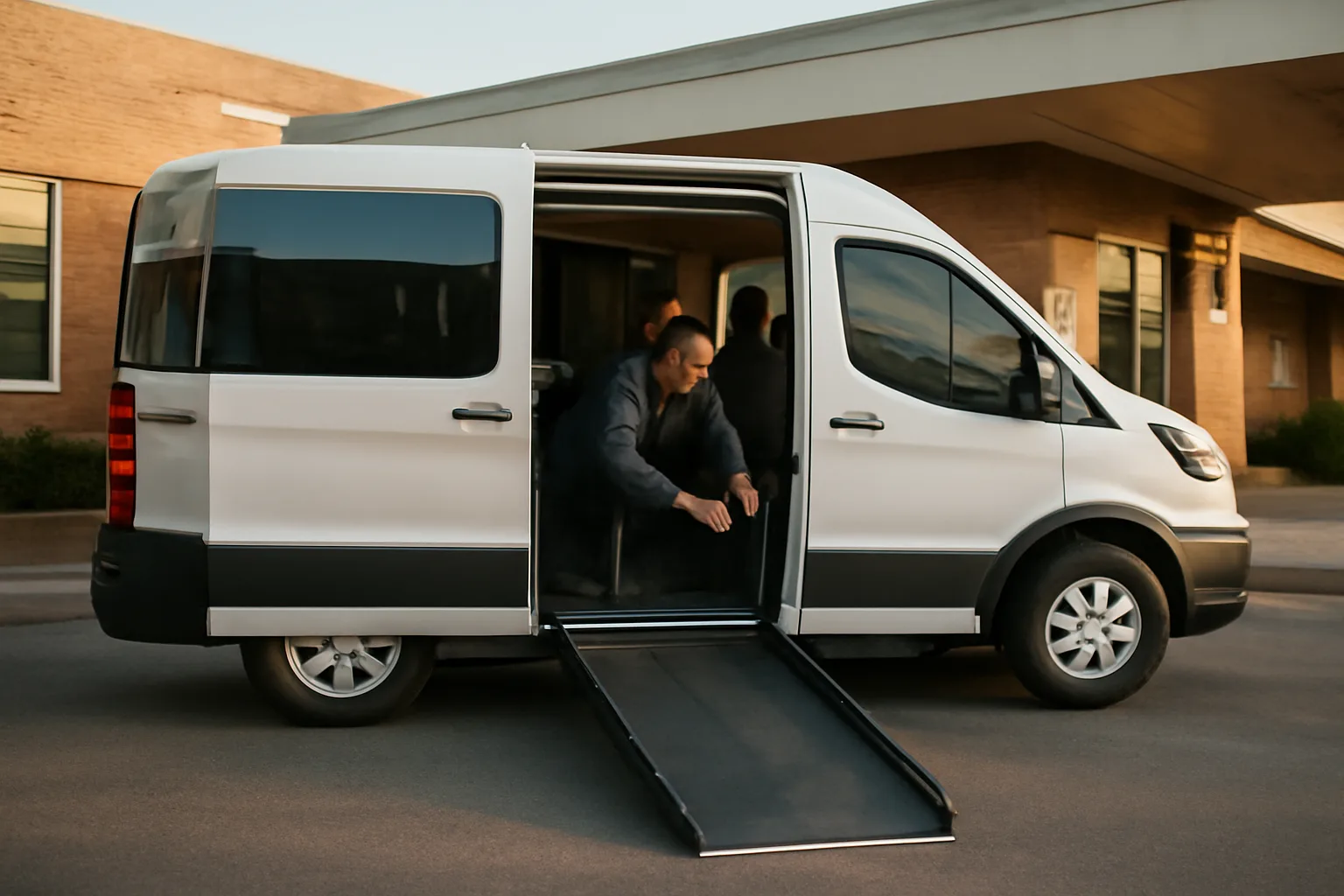 Driver checking wheelchair tie-down straps in an accessible van at a clinic