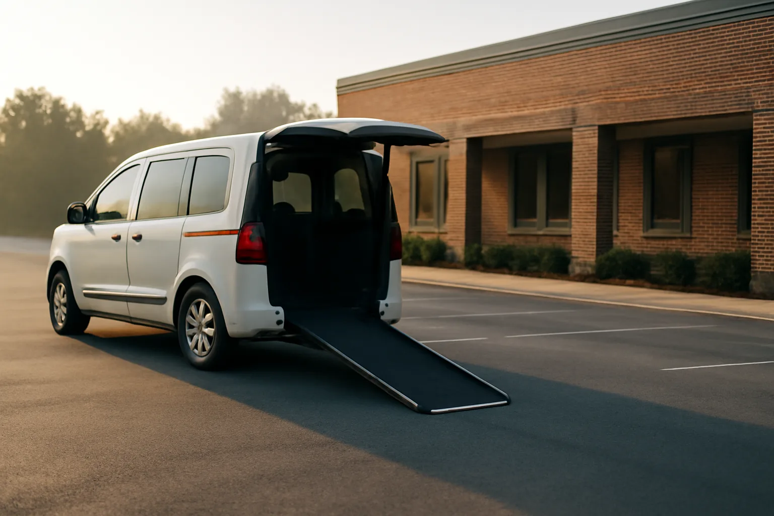 Wheelchair van with deployed ramp parked outside a medical clinic at sunrise