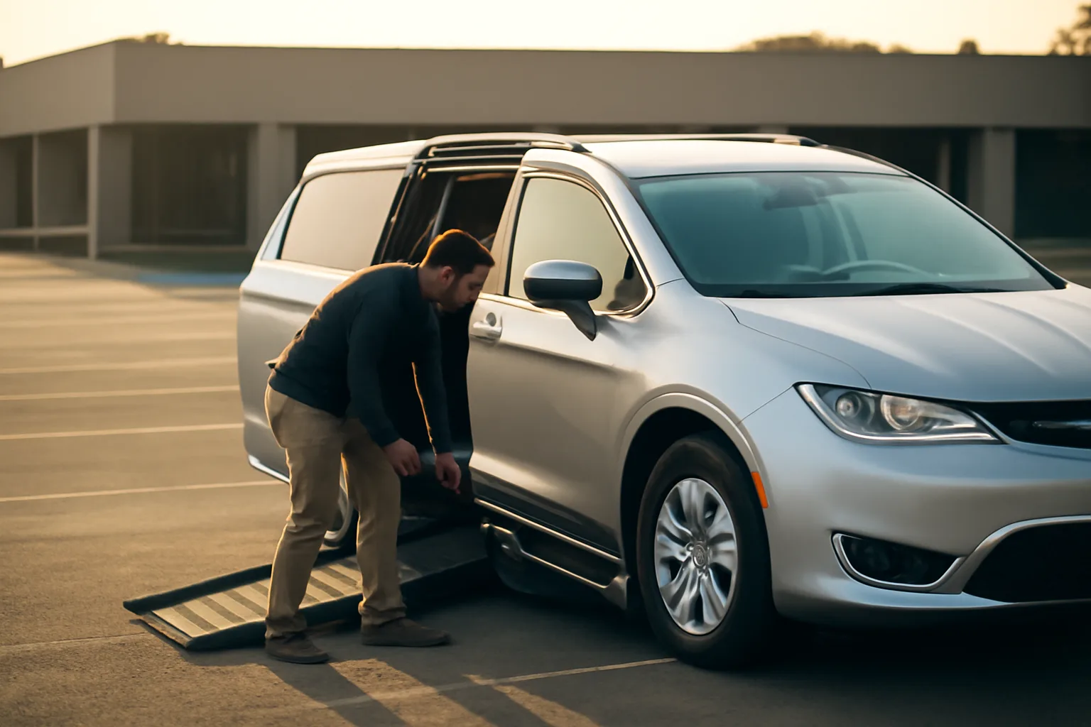 Owner-operator checking a wheelchair van ramp before a non-emergency medical transportation shift